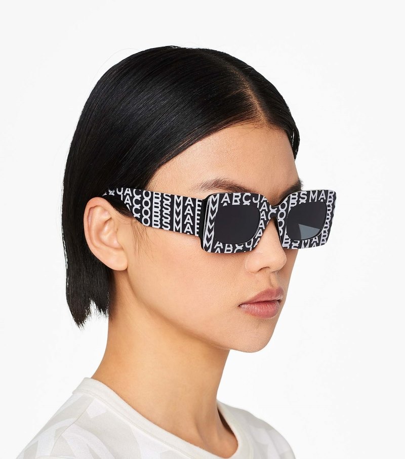 Marc Jacobs Monogram Rectangular Sunglasses Women Sunglasses Black / White USA | ZV3-5676