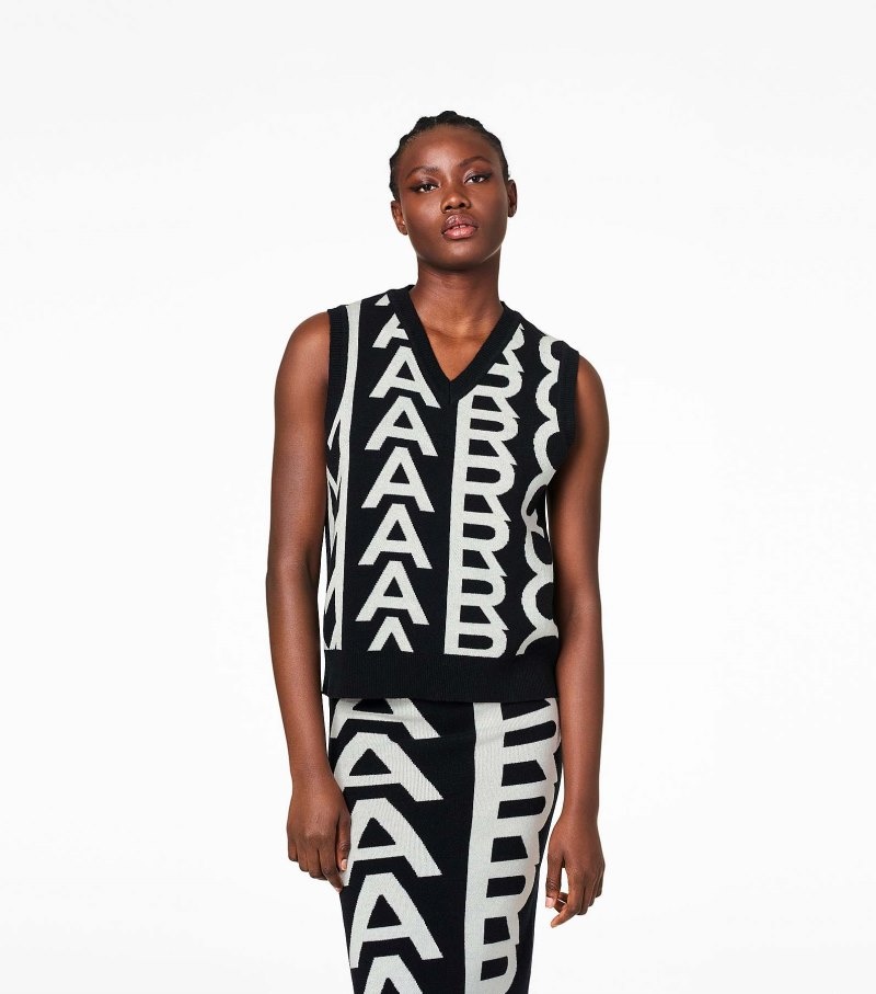Marc Jacobs The Monogram Knit Vest Women Vests Black / White USA | SG2-0171