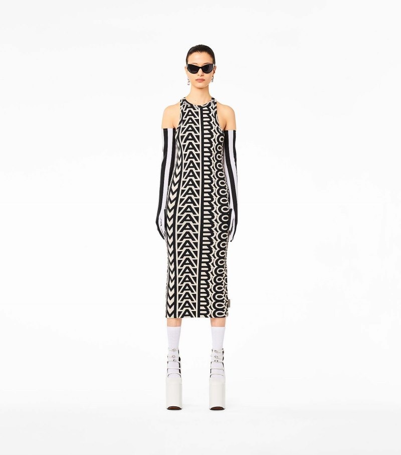 Marc Jacobs The Monogram Racer Rib Dress Women Dresses Black / White USA | ZA8-6193